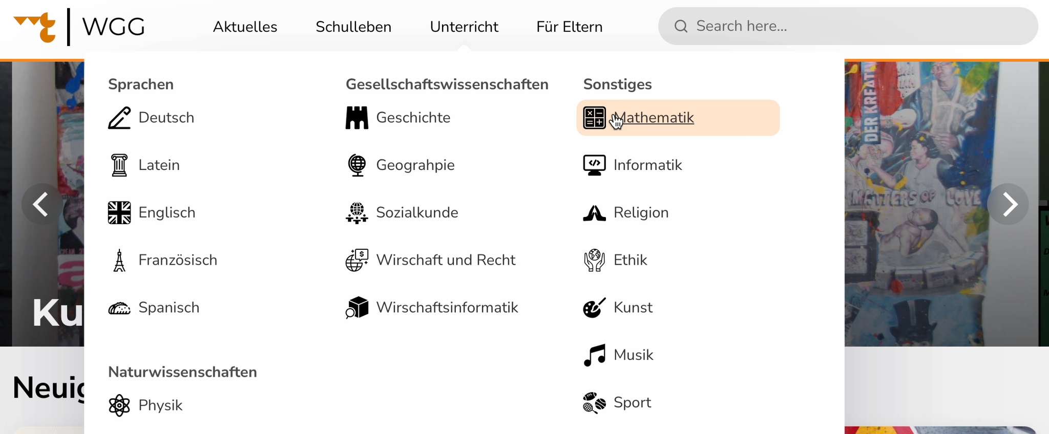 Screenshot of WGG Neumarkt Homepage Navigation
