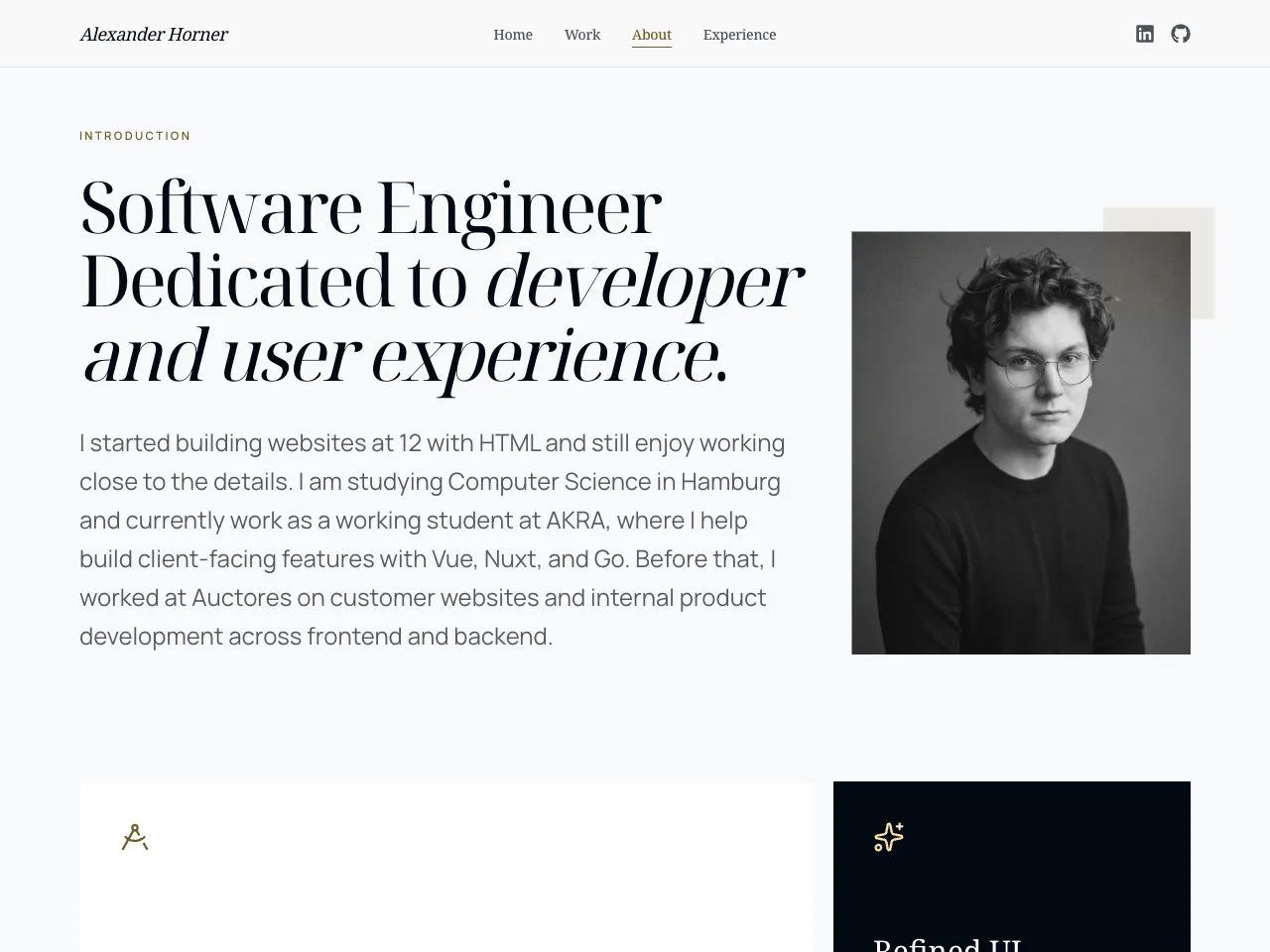 About page of the finished 2026 portfolio