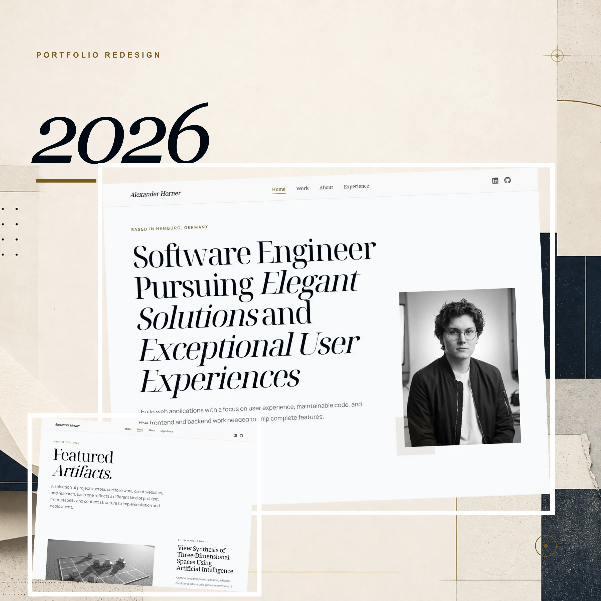 Editorial collage showing the 2026 portfolio homepage and work archive
