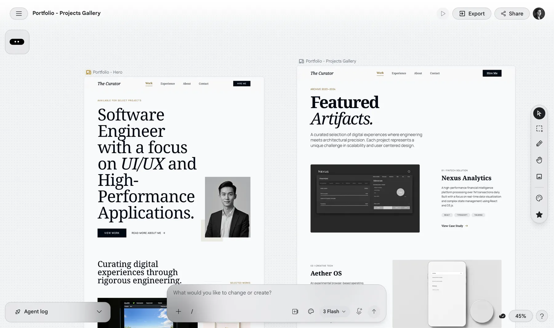 Early portfolio direction shown in Google Stitch